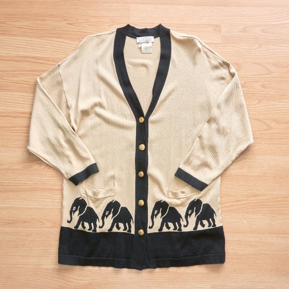Vintage 80s Escada Margaretha Ley Women's Sweater Cardigan, Elephant Pattern - Picture 1 of 9